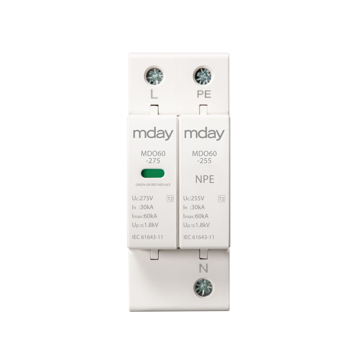 سرج ارستر 60 کیلوآمپر، 385 ولت، 2 پل، برند Mday، مدل MDO60-AC-1P+NPE - تصویر 4